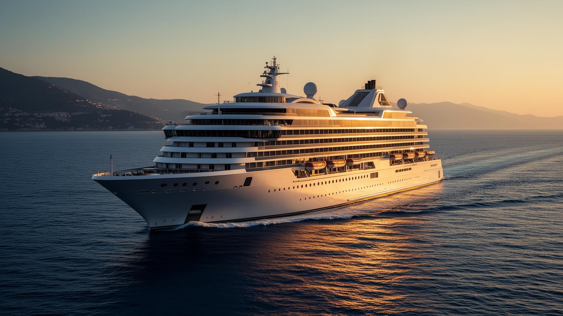 A luxury cruise ship sailing the Mediterranean at golden hour
